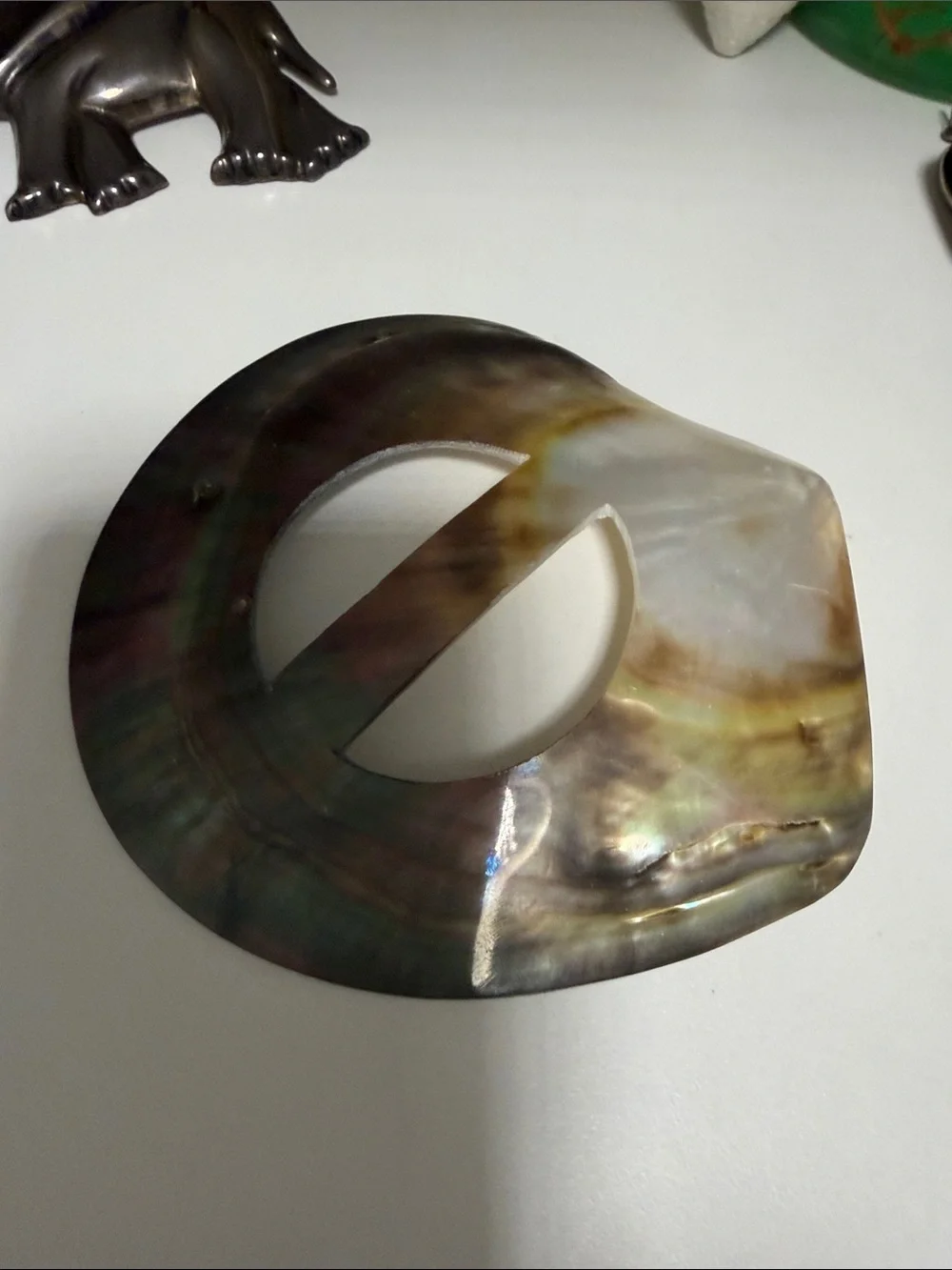 Vintage Mother-of-Pearl Decorative Scarf/ Belt Buckle Iridescent Brown and Green